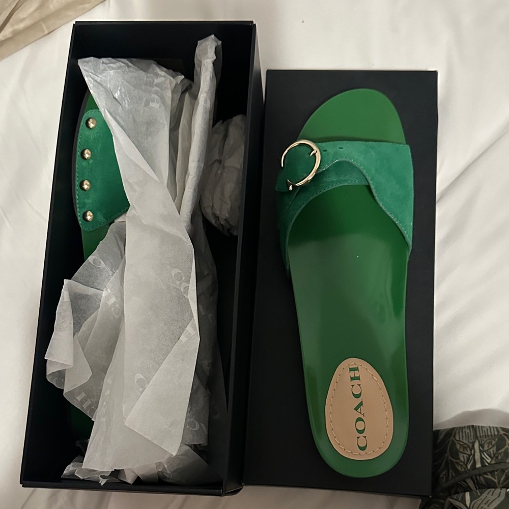 Coach Emerald Green Slide Sandals with Gold Buckle